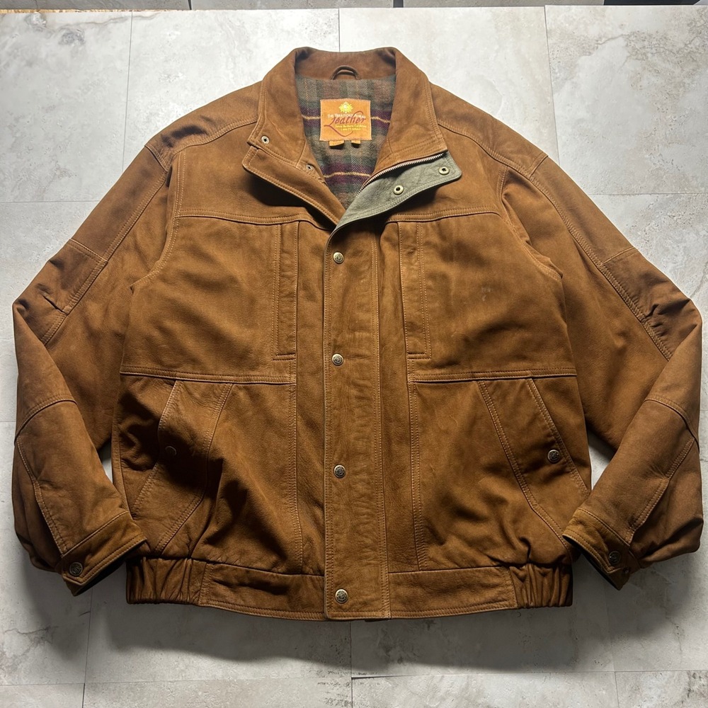 The Territory Ahead Leather Bomber Jacket Brown Mens Large Plaid Lined Rugged